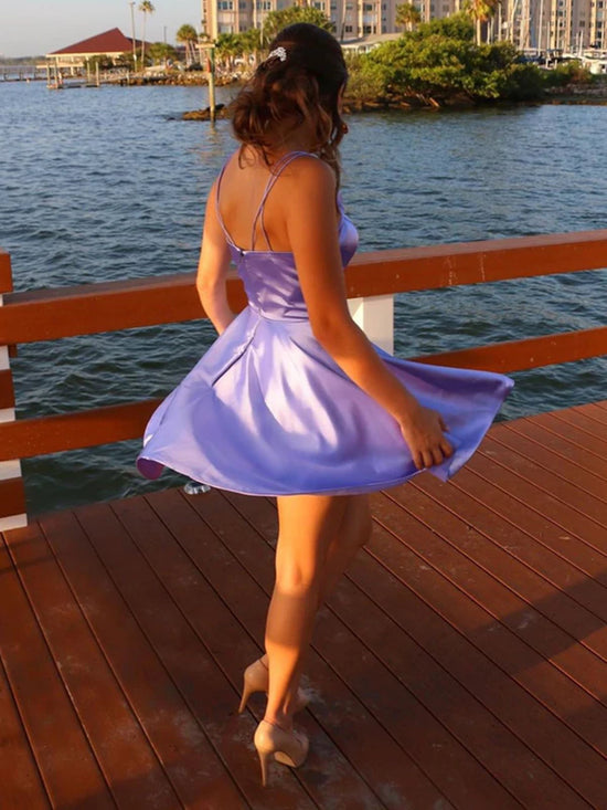 Short A-line V-neck Satin Prom Dress with Pockets Lilac Homecoming Dresses-BIZTUNNEL