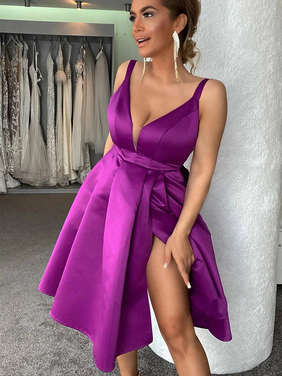 Short A-line V-neck Satin Prom Dress with Slit Purple Homecoming Dresses-BIZTUNNEL