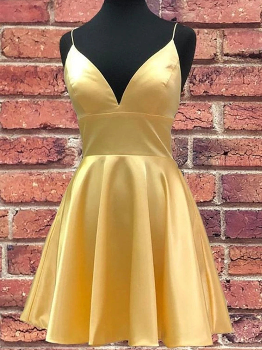 Short A Line V Neck Satin Prom Dresses Yellow Homecoming Dress-BIZTUNNEL