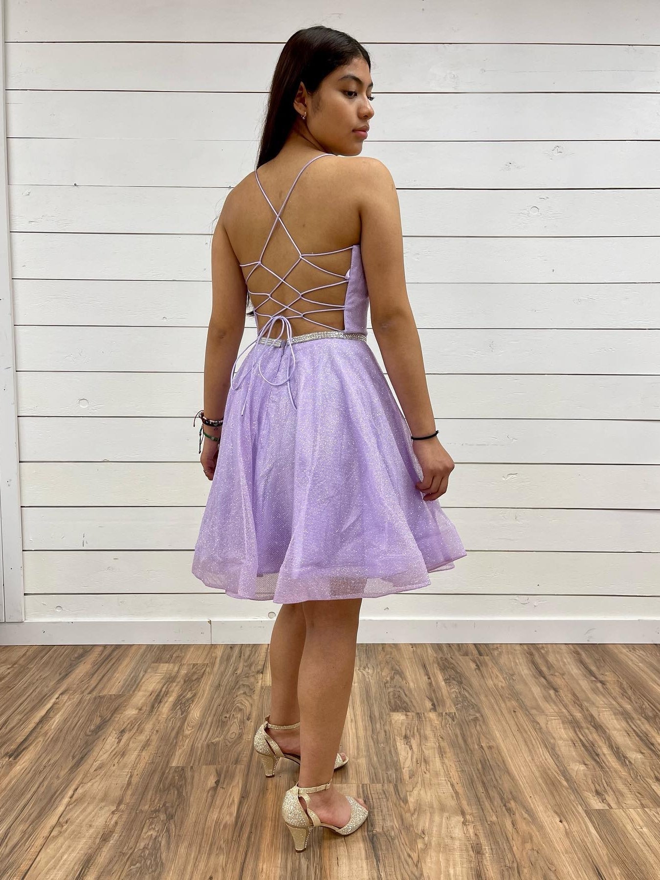 Short A-line V Neck Tulle Backless Prom Dresses Lilac Homecoming Dresses-BIZTUNNEL