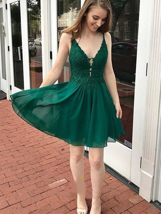 Short A-line V Neck Tulle Lace Prom Dresses Green Formal Graduation Evening Dresses-BIZTUNNEL