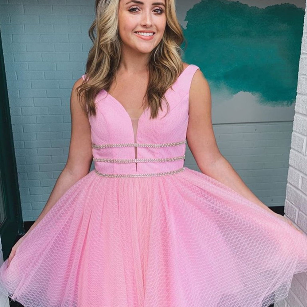 homecoming dresses for juniors A-line Spaghetti Straps Black Short Prom Dress Lace SELINADRESS V Neck 5 Grad Dresses Short Pink Prom