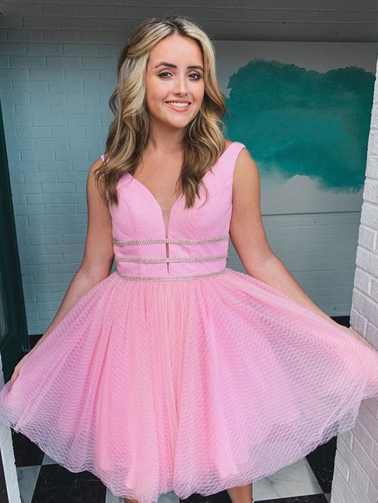 Short A Line V Neck Tulle Prom Dresses Pink Homecoming Dresses-BIZTUNNEL