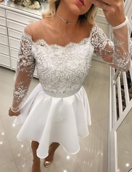 Short A Line White Lace Long Sleeves Chiffon Prom Dresses-BIZTUNNEL