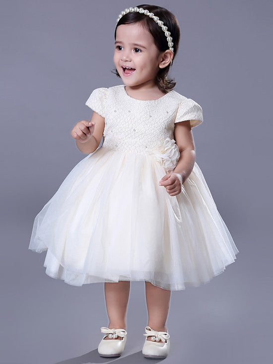 Short Ball Gown Lace Jewel Neck Wedding Event Party Flower Girl Dresses with Sleeves-BIZTUNNEL