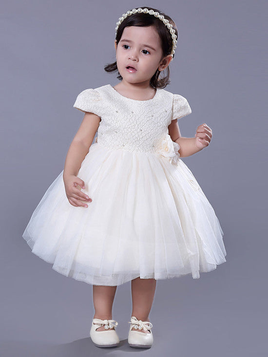 Charger l&amp;#39;image dans la galerie, Short Ball Gown Lace Jewel Neck Wedding Event Party Flower Girl Dresses with Sleeves-BIZTUNNEL
