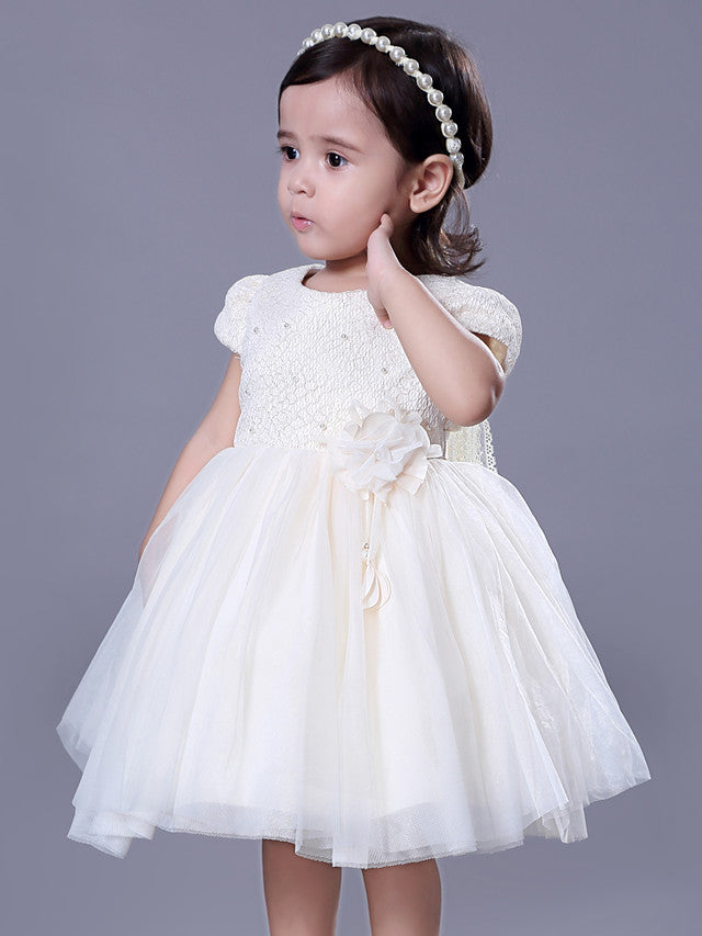 Charger l&amp;#39;image dans la galerie, Short Ball Gown Lace Jewel Neck Wedding Event Party Flower Girl Dresses with Sleeves-BIZTUNNEL
