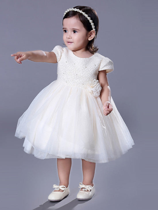 Short Ball Gown Lace Jewel Neck Wedding Event Party Flower Girl Dresses with Sleeves-BIZTUNNEL