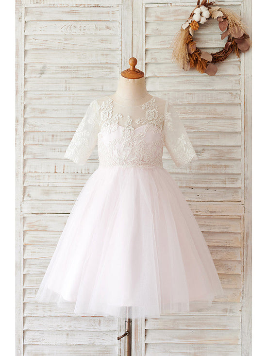 Short Ball Gown Lace Tulle Half Sleeve Jewel Neck Wedding Birthday Flower Girl Dresses-BIZTUNNEL