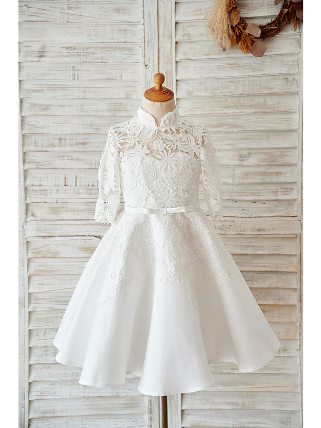 Short Ball Gown Lace Tulle High Neck Wedding Birthday Flower Girl Dresses With Sleeves-BIZTUNNEL