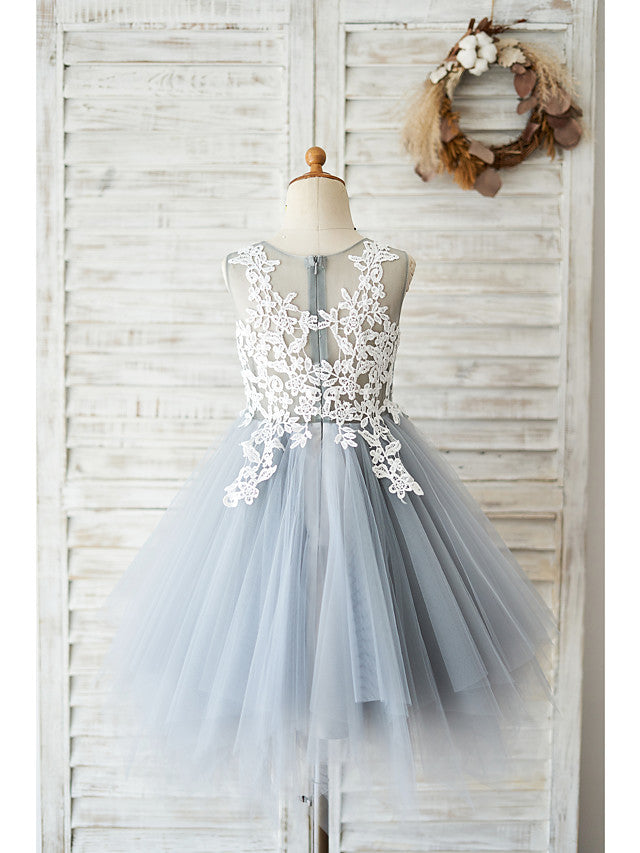 Short Ball Gown Lace Tulle Sleeveless Jewel Neck Wedding Birthday Flower Girl Dresses-BIZTUNNEL