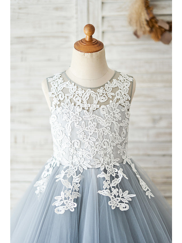 Short Ball Gown Lace Tulle Sleeveless Jewel Neck Wedding Birthday Flower Girl Dresses-BIZTUNNEL