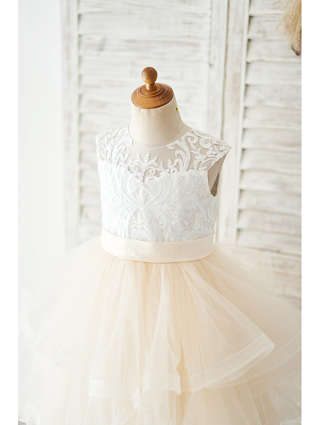Short Ball Gown Lace Tulle Wedding Birthday Flower Girl Dresses-BIZTUNNEL