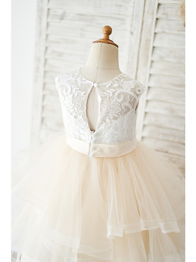 Short Ball Gown Lace Tulle Wedding Birthday Flower Girl Dresses-BIZTUNNEL