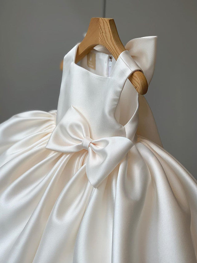 Short Ball Gown Satin Square Neck Wedding Party Flower Girl Dresses-BIZTUNNEL