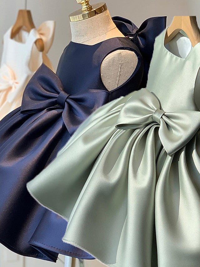 Short Ball Gown Satin Sleeveless Jewel Neck Wedding Party Flower Girl Dresses main image 1