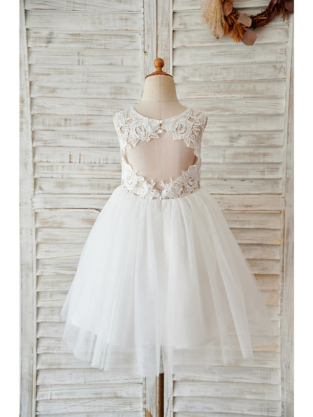Short Ball Gown Tulle Jewel Neck Lace Wedding Birthday Flower Girl Dresses-BIZTUNNEL
