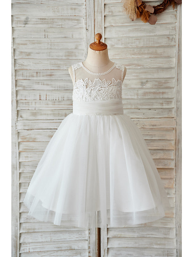 Short Ball Gown Tulle Jewel Neck Lace Wedding Birthday Flower Girl Dresses-BIZTUNNEL