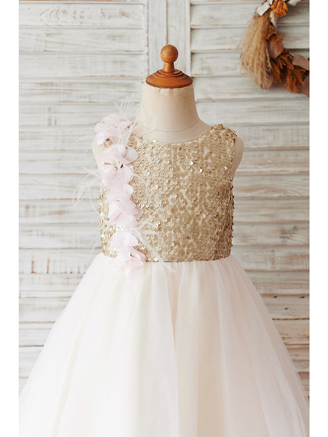Short Ball Gown Tulle Sequined Wedding Birthday Flower Girl Dresses-BIZTUNNEL