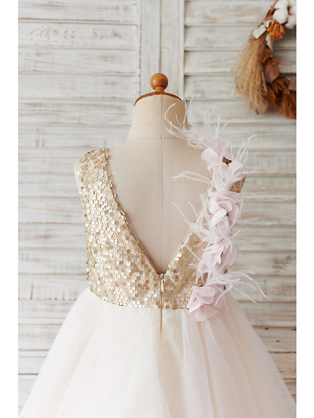 Short Ball Gown Tulle Sequined Wedding Birthday Flower Girl Dresses-BIZTUNNEL