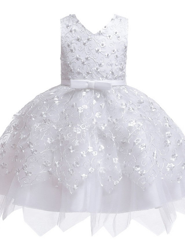 Short Ball Gown Tulle Sleeveless V Neck Wedding Party Flower Girl Dresses-BIZTUNNEL