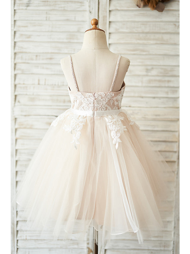 Short Ball Gown Tulle Spaghetti Strap Wedding Birthday Flower Girl Dresses-BIZTUNNEL