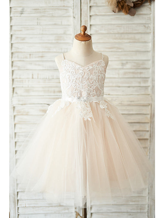 Short Ball Gown Tulle Spaghetti Strap Wedding Birthday Flower Girl Dresses-BIZTUNNEL