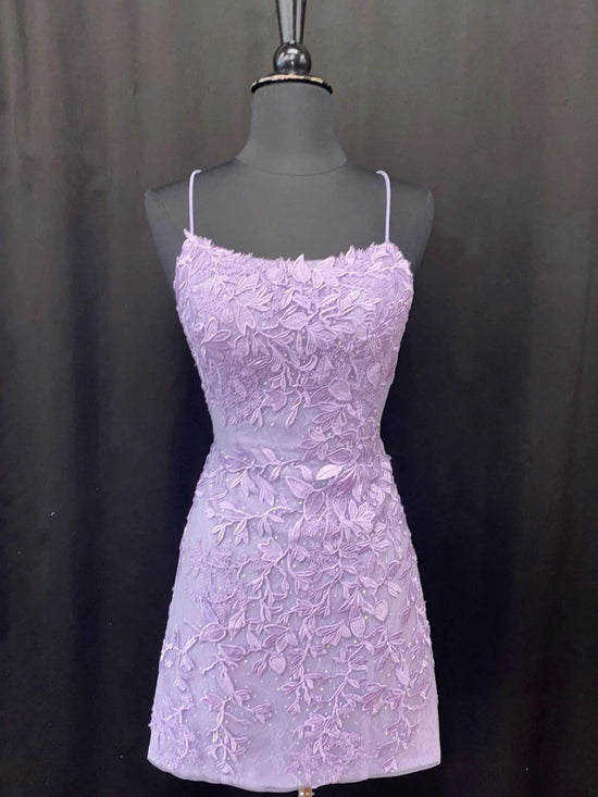 Short Mermaid Lace Open Back Prom Dress Purple Formal Evening Dresses-BIZTUNNEL