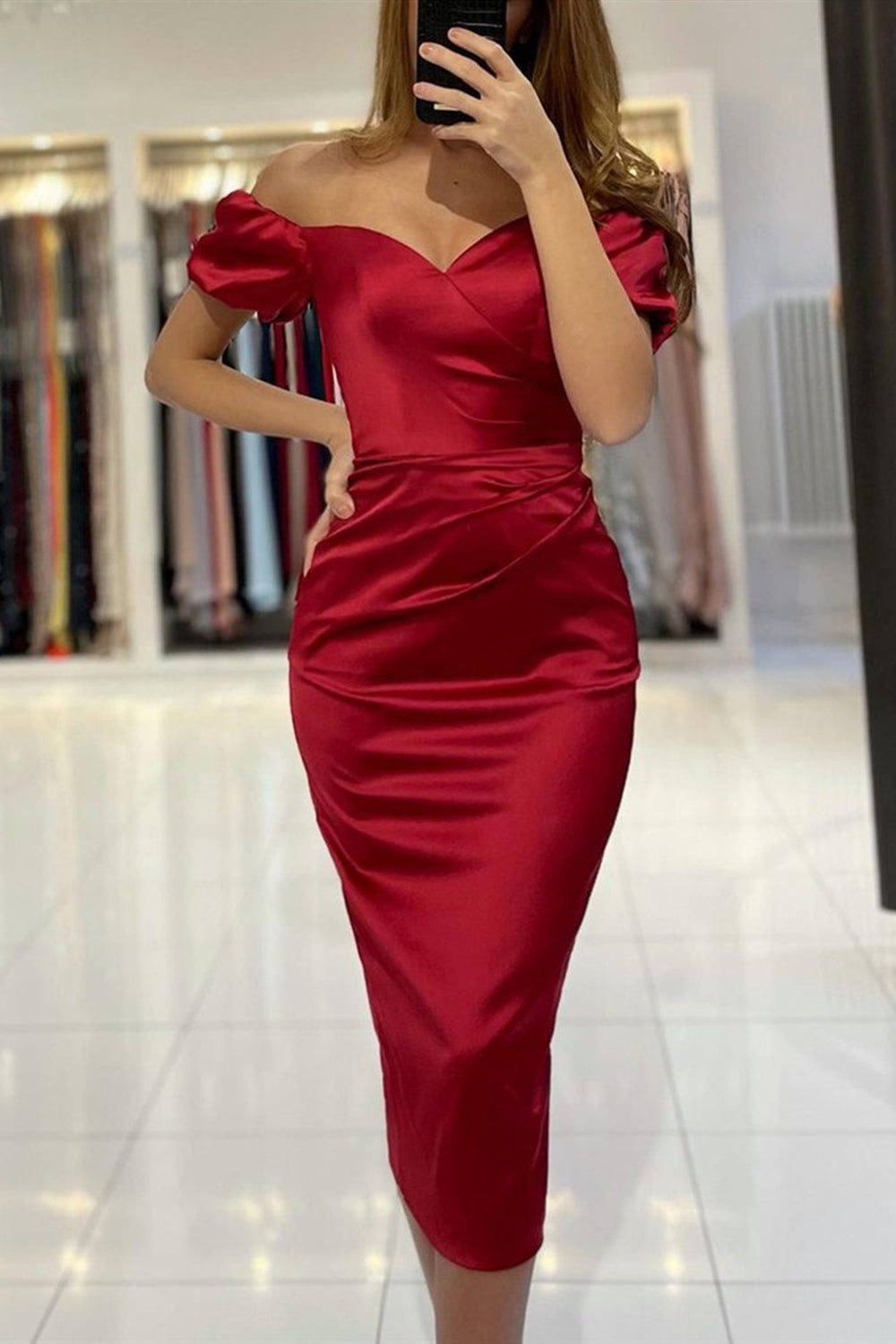 Short Mermaid Off the Shoulder Satin Tea Length Formal Prom Dresses with Sleeves-BIZTUNNEL