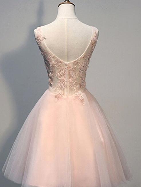
                  
                    Short Pink A Line Tulle Prom Dresses With Lace Appliques-BIZTUNNEL
                  
                