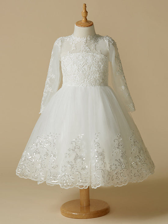 Short Princess Lace Tulle Wedding First Communion Flower Girl Dresses with Sleeves-BIZTUNNEL