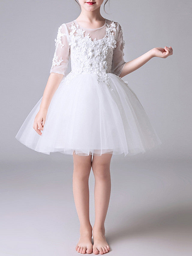 Short Princess Polyester Jewel Neck First Communion Flower Girl Dresses with Sleeves-BIZTUNNEL