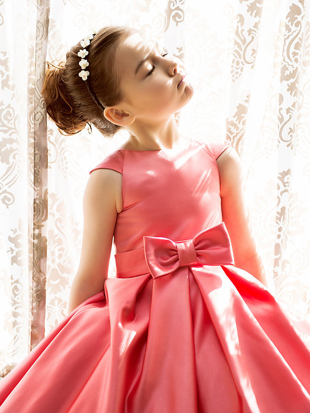 Charger l&amp;#39;image dans la galerie, Short Princess Satin Jewel Neck Pageant Flower Girl Dresses With Bow-BIZTUNNEL

