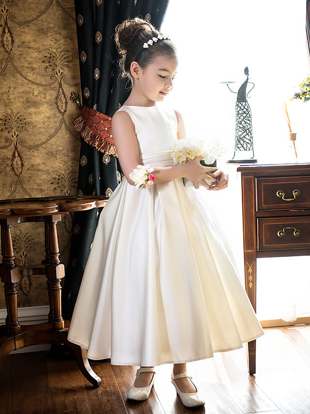Short Princess Satin Jewel Neck Wedding First Communion Flower Girl Dresses-BIZTUNNEL