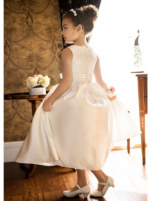 Charger l&amp;#39;image dans la galerie, Short Princess Satin Jewel Neck Wedding First Communion Flower Girl Dresses-BIZTUNNEL
