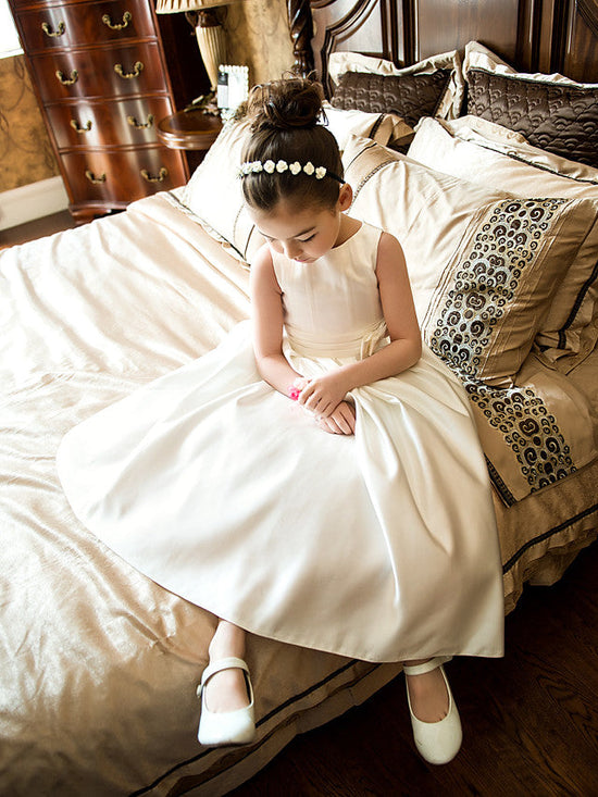 Short Princess Satin Jewel Neck Wedding First Communion Flower Girl Dresses-BIZTUNNEL