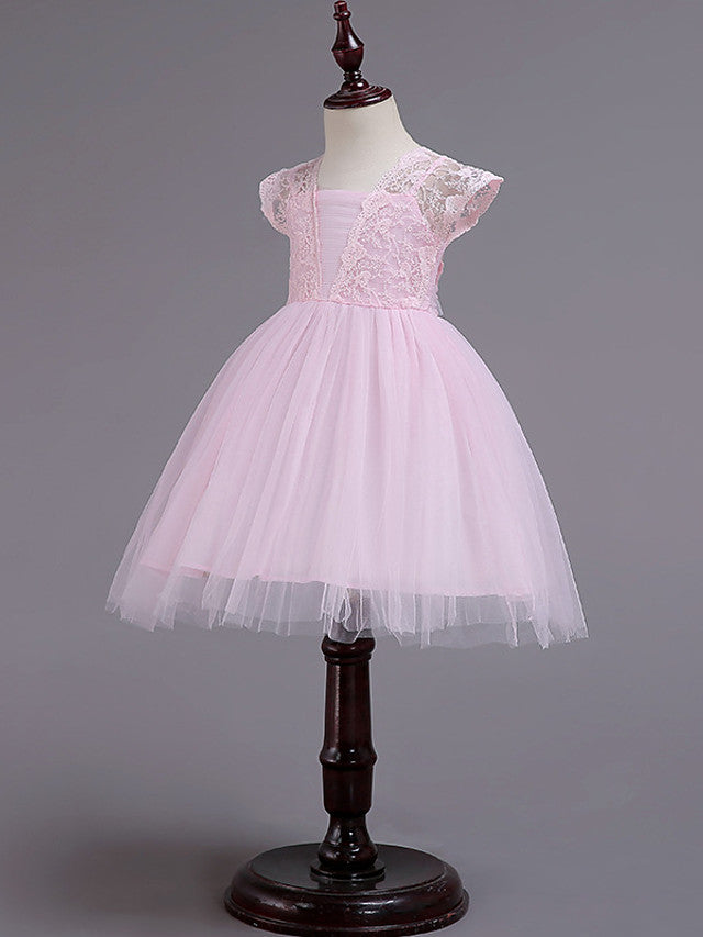 Short Princess Square Neck Lace Tulle Wedding Party Pageant Flower Girl Dresses-BIZTUNNEL