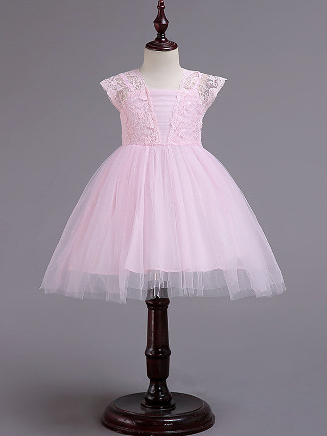 Short Princess Square Neck Lace Tulle Wedding Party Pageant Flower Girl Dresses-BIZTUNNEL