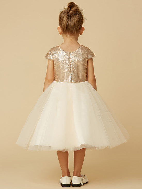 Princess Short Sleeve Jewel Neck Flower Girl Dress with Tulle Sequined Sash & Ribbon Sequin
