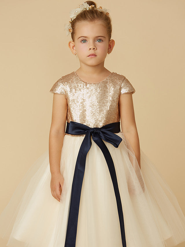 Charger l&amp;#39;image dans la galerie, Short Princess Tulle Sequined Jewel Neck Pageant Flower Girl Dresses with Sleeves-BIZTUNNEL
