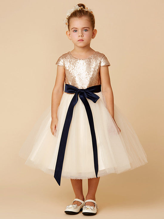 Charger l&amp;#39;image dans la galerie, Short Princess Tulle Sequined Jewel Neck Pageant Flower Girl Dresses with Sleeves-BIZTUNNEL
