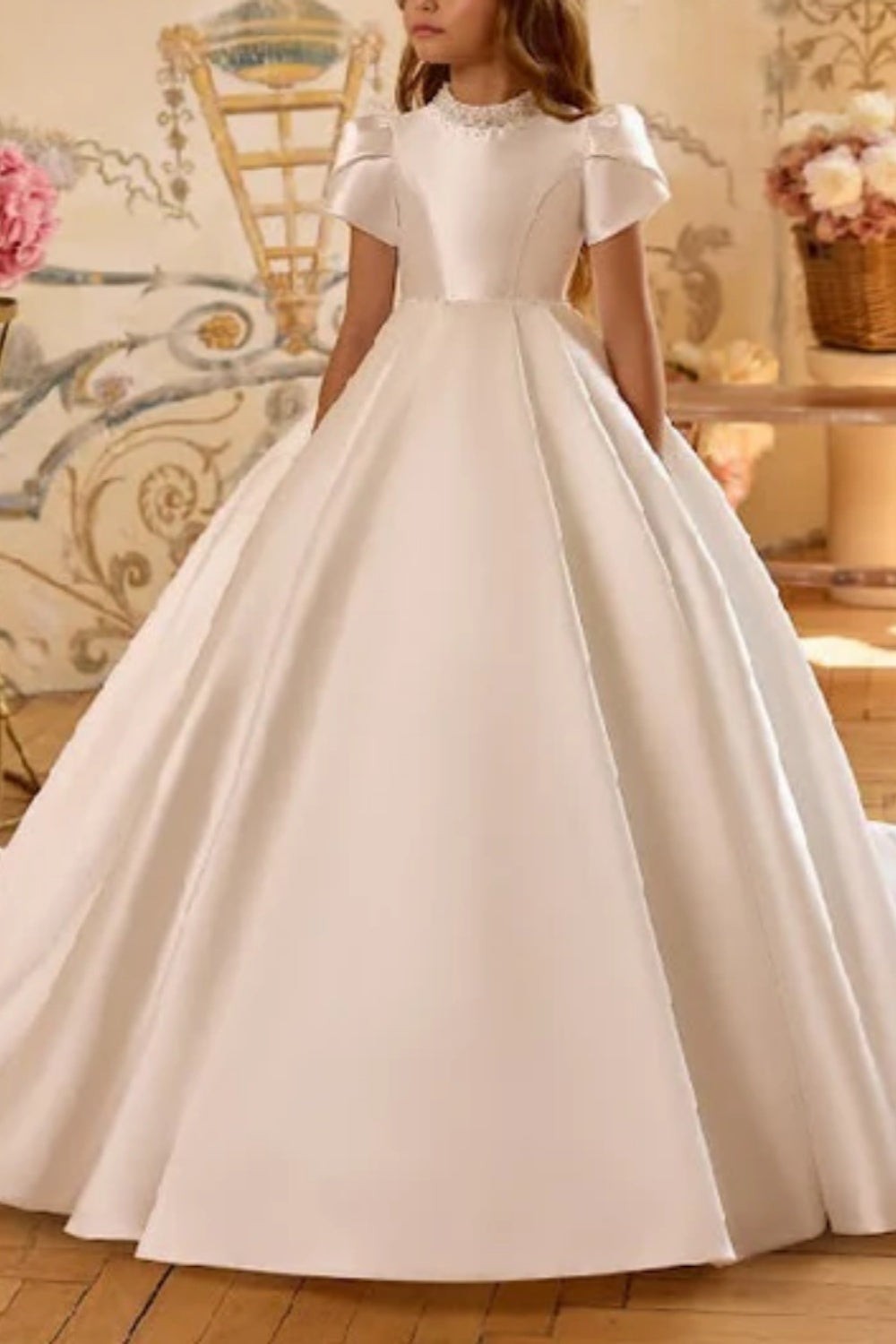 Biztunnel Short Sleeves Satin Ball Gown Flower Girl Dresses-Front