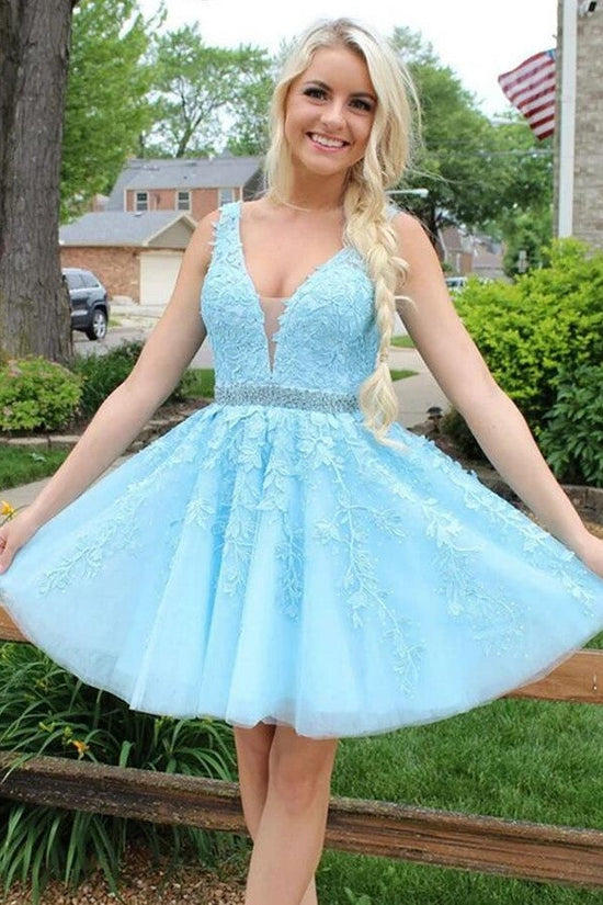Short V-neck A-line Lace Backless Tulle Blue Prom Dress-BIZTUNNEL