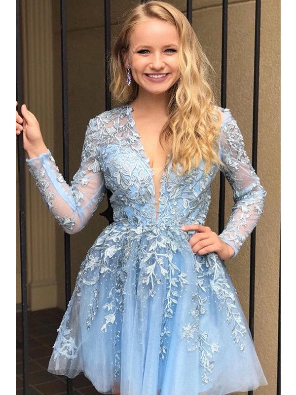 Short/Mini A-Line V-neck Lace Prom Dresses with Sleeves-BIZTUNNEL