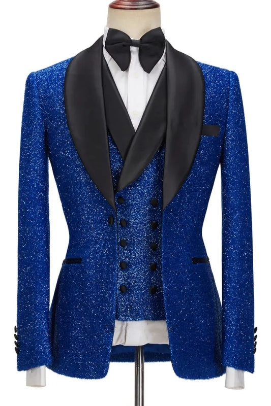Sidney Fancy Royal Blue Sequins Shawl Lapel Three Pieces Wedding Suits