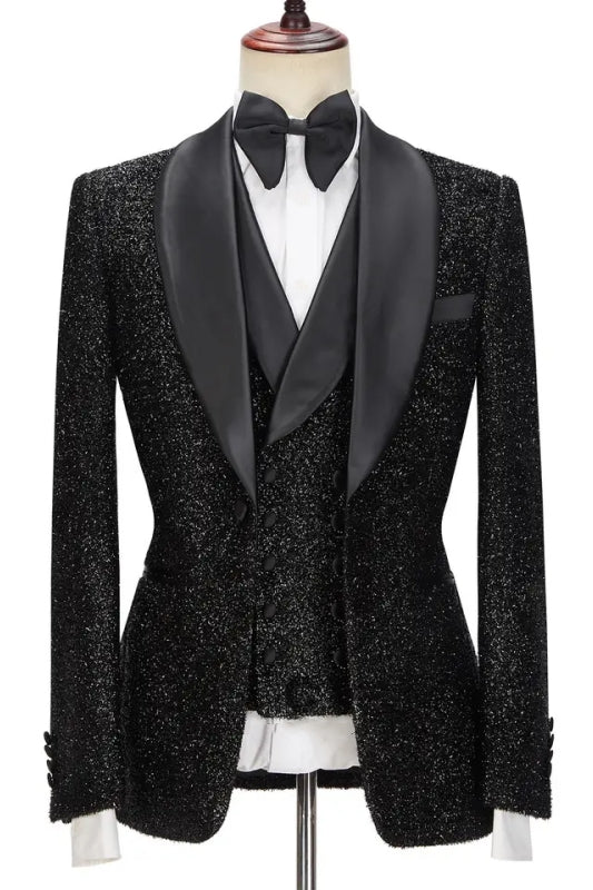 Sidon Chic Black Sequins Shawl Lapel Three Pieces Wedding Suits