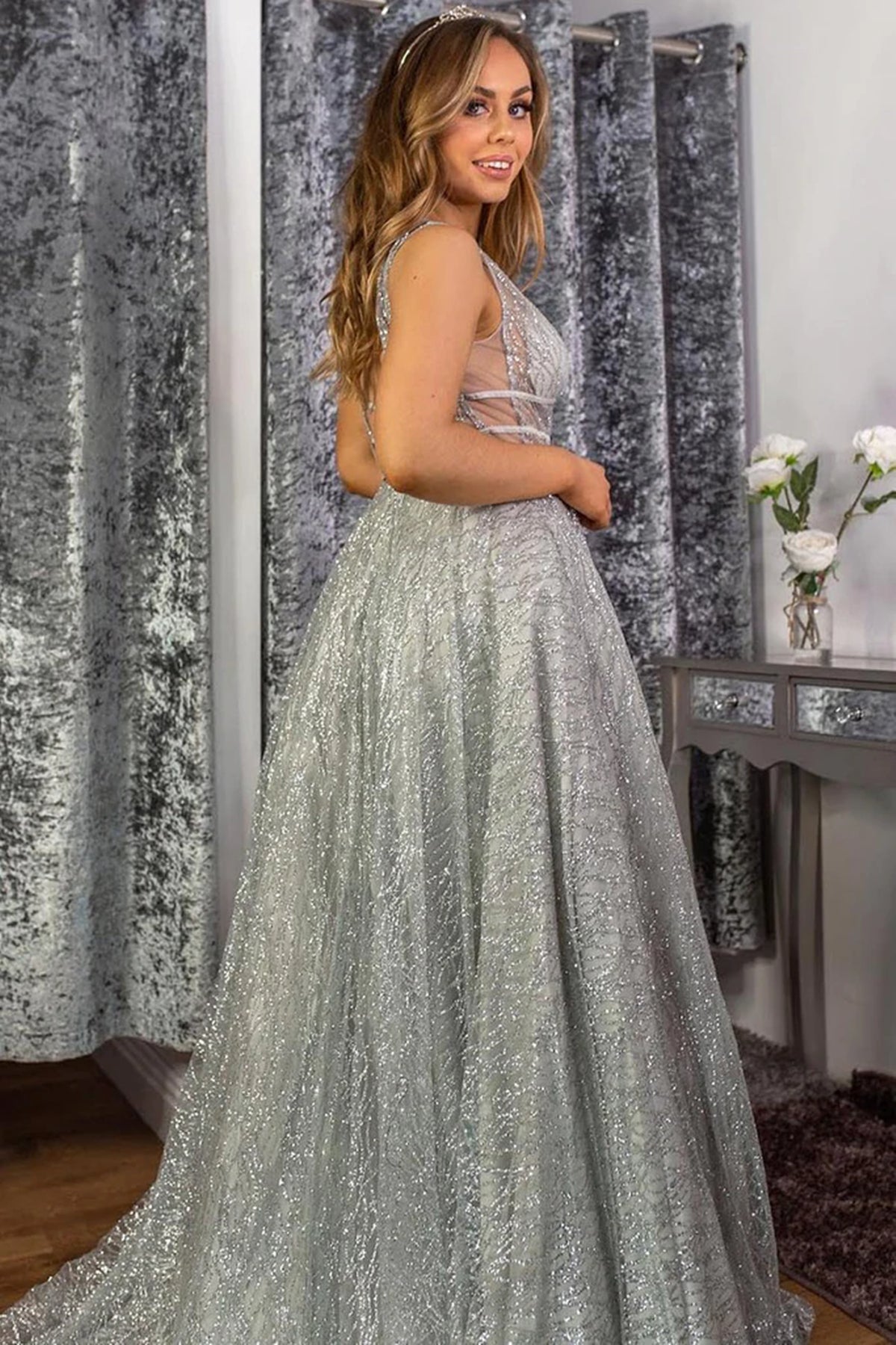 Silver Gray Long A-line Sequins V Neck Sequined Open Back Prom Dresses-BIZTUNNEL