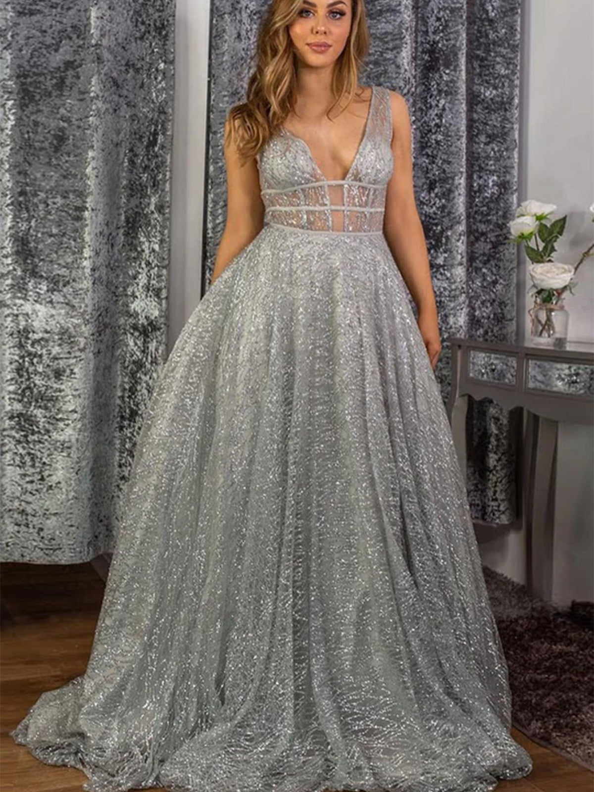 Silver Gray Long A-line Sequins V Neck Sequined Open Back Prom Dresses-BIZTUNNEL