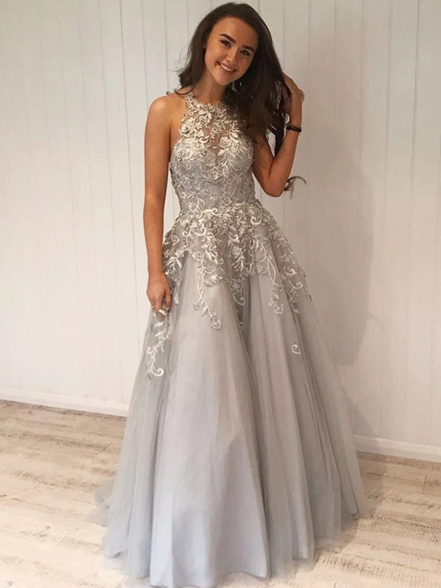 Silver Long A-line Halter Tulle Lace Formal Prom Dresses-BIZTUNNEL