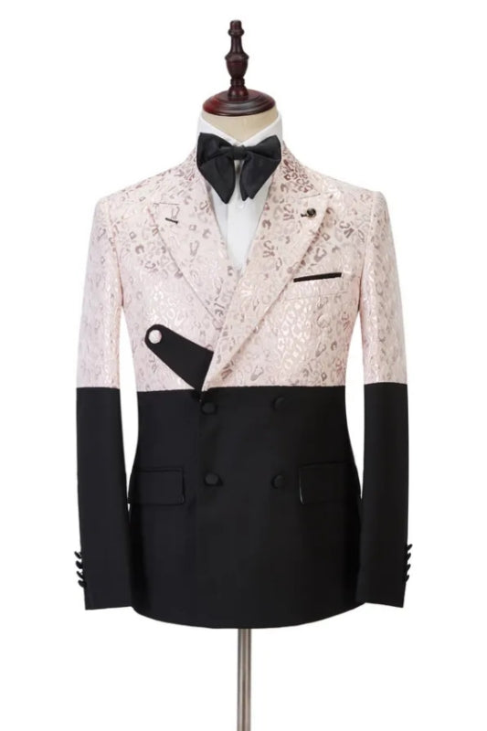 Simon New Arrival Light Pink Jacquard Peaked Lapel Double Breasted Prom Suits